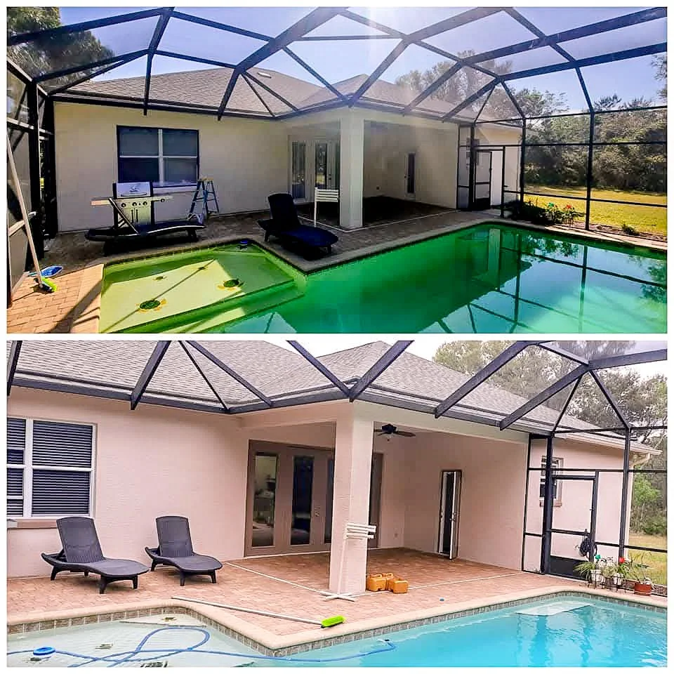 Comparison of a backyard pool area before and after enclosure with screened porch.
