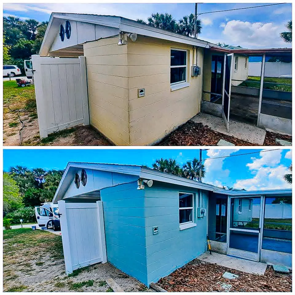 Side view of a house before and after exterior renovation, showing light yellow and blue painted walls.