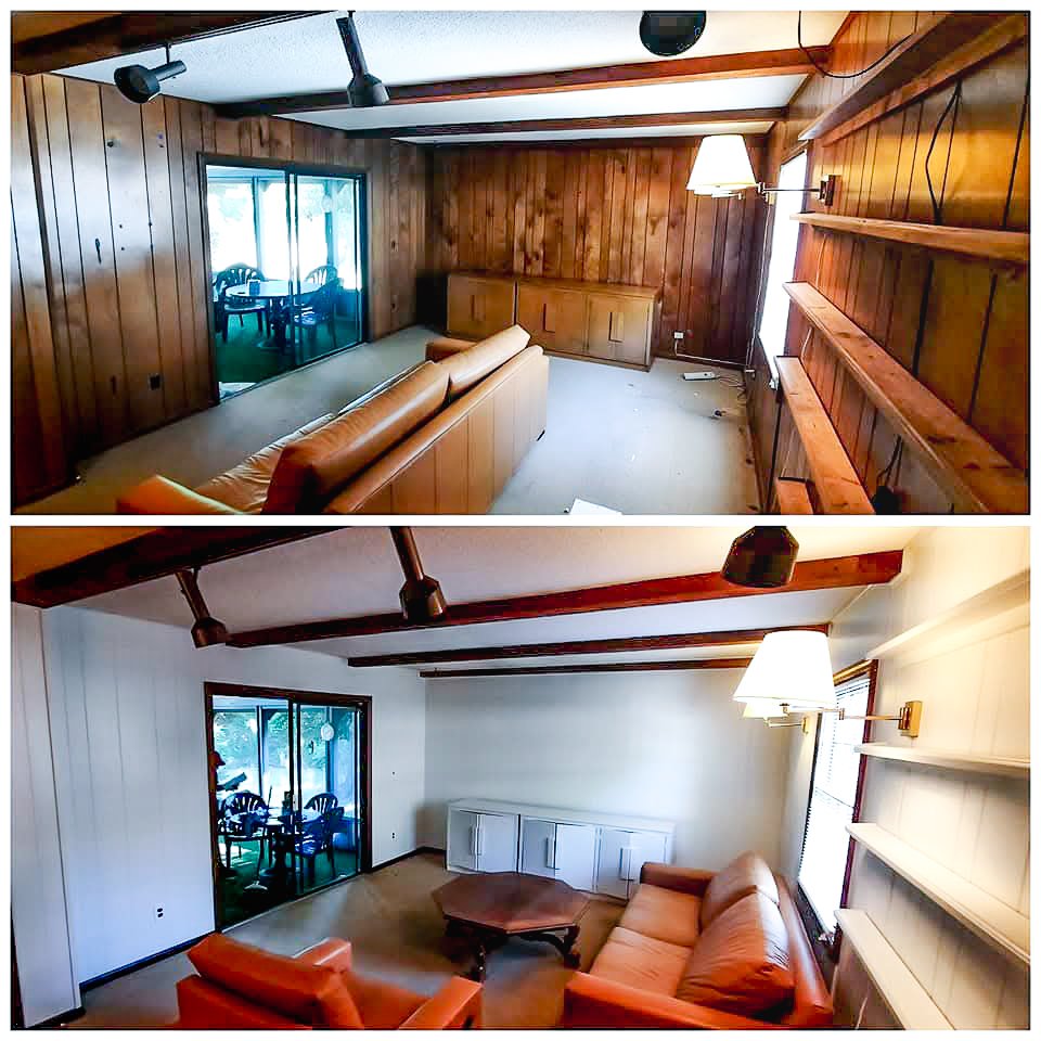 Comparison of a living room before and after renovation; the top image shows a wood-paneled wall with a brown sofa, built-in cabinets, and shelves, while the bottom image shows a transformed room with painted white walls, new furniture, and updated c