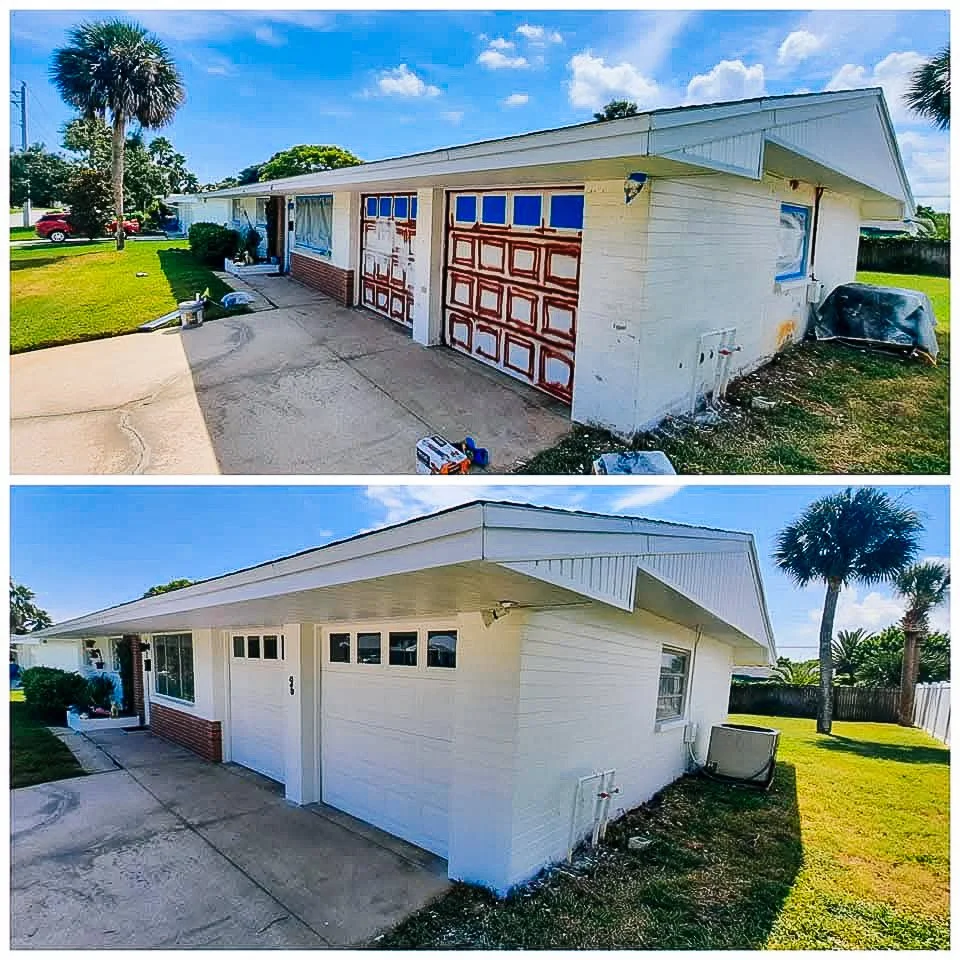 Before and after photos of a house exterior showing a garage door repainting and the house's white wall repainting.
