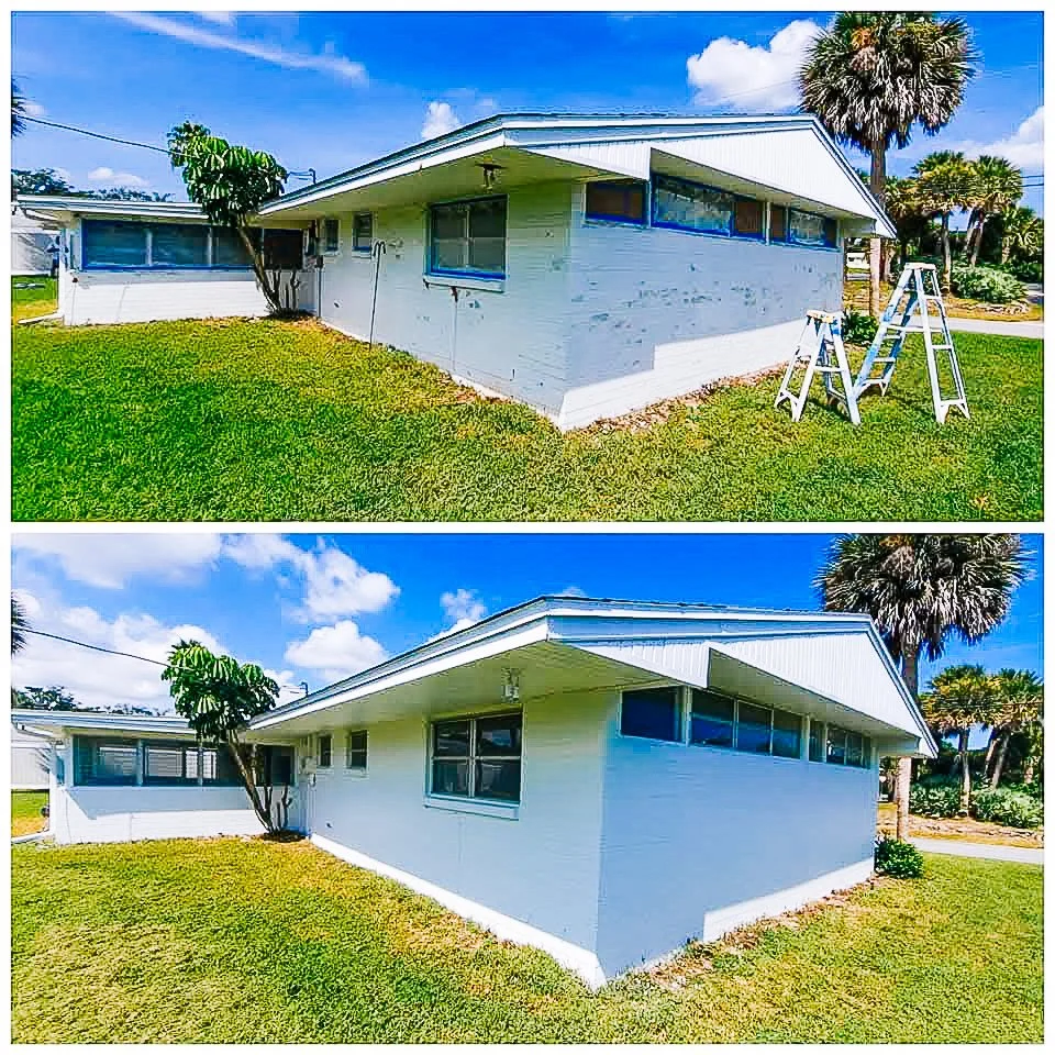 Before and after images of a house, with the upper showing the house's exterior during renovation and the lower showing the completed white-painted house with new windows and cleaned exterior walls.