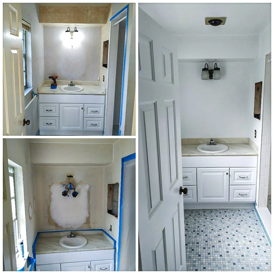 The images depict the process of renovating a bathroom vanity area. The top left shows the initial stage with a light fixture, a countertop with a sink, and some tools. The bottom left shows the same area with patchwork in progress and rearranged plu