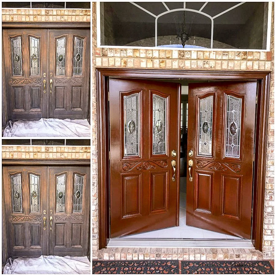 Comparison of two front doors, one unfinished dark wood and one finished reddish wood with decorative glass panels, brick framing, and a welcome mat.