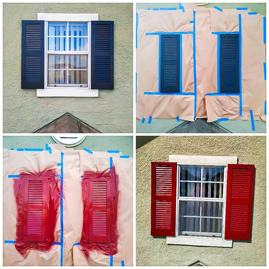 Sequence of a window painting process: top left shows the window with dark blue shutters, top right shows the shutters taped off for painting, bottom left shows the shutters painted red, and bottom right shows the window with red shutters.
