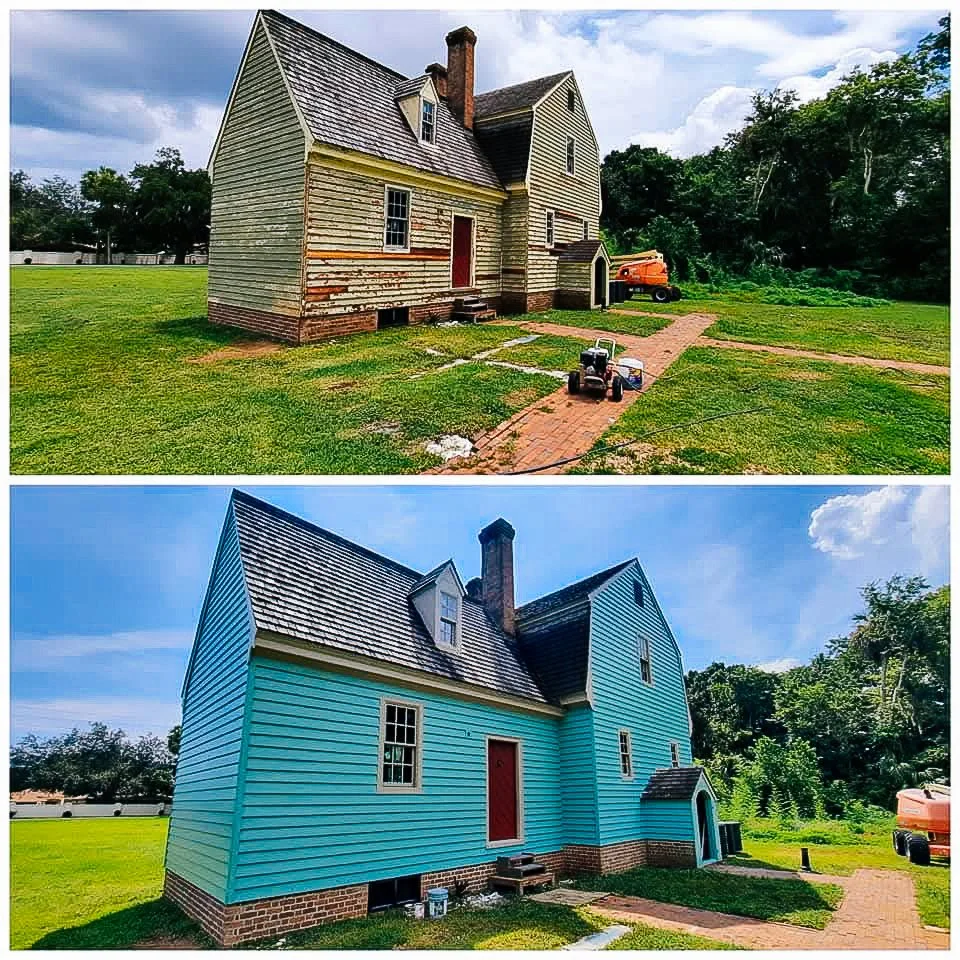 Side-by-side comparison of a house before and after renovation, showing the house with old, weathered siding in the top image and new bright blue siding in the bottom image.