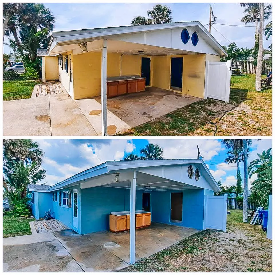 Transformation of a backyard structure from beige to blue paint color.
