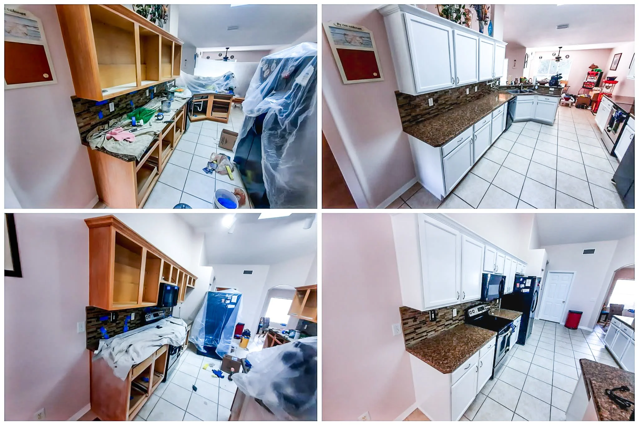 Before and after images of a kitchen renovation. The first and third images show an unfinished kitchen with wooden cabinets, a backsplash, and kitchen tools scattered around. The second and fourth images display a completed kitchen with white cabinet