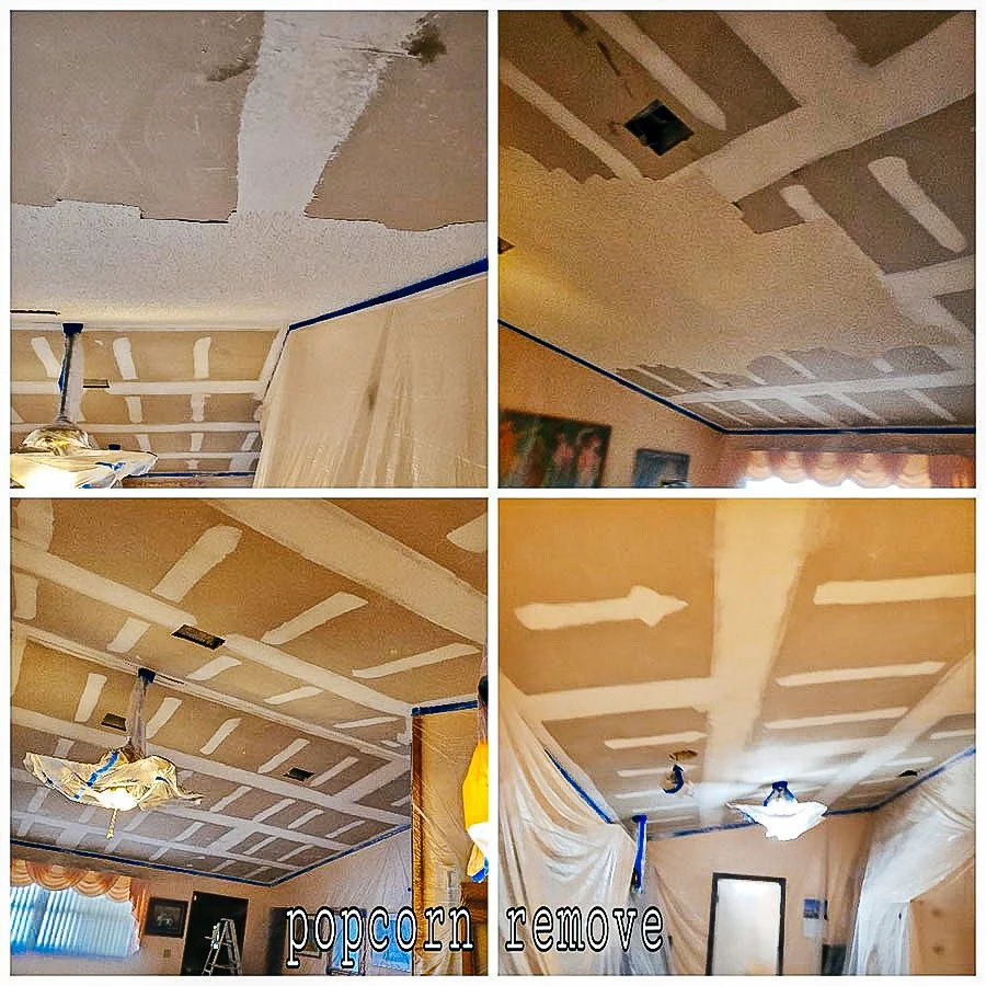Progress photos of a ceiling drywall installation in a room showing stages of sealing and taping, with some areas taped and others still exposed.