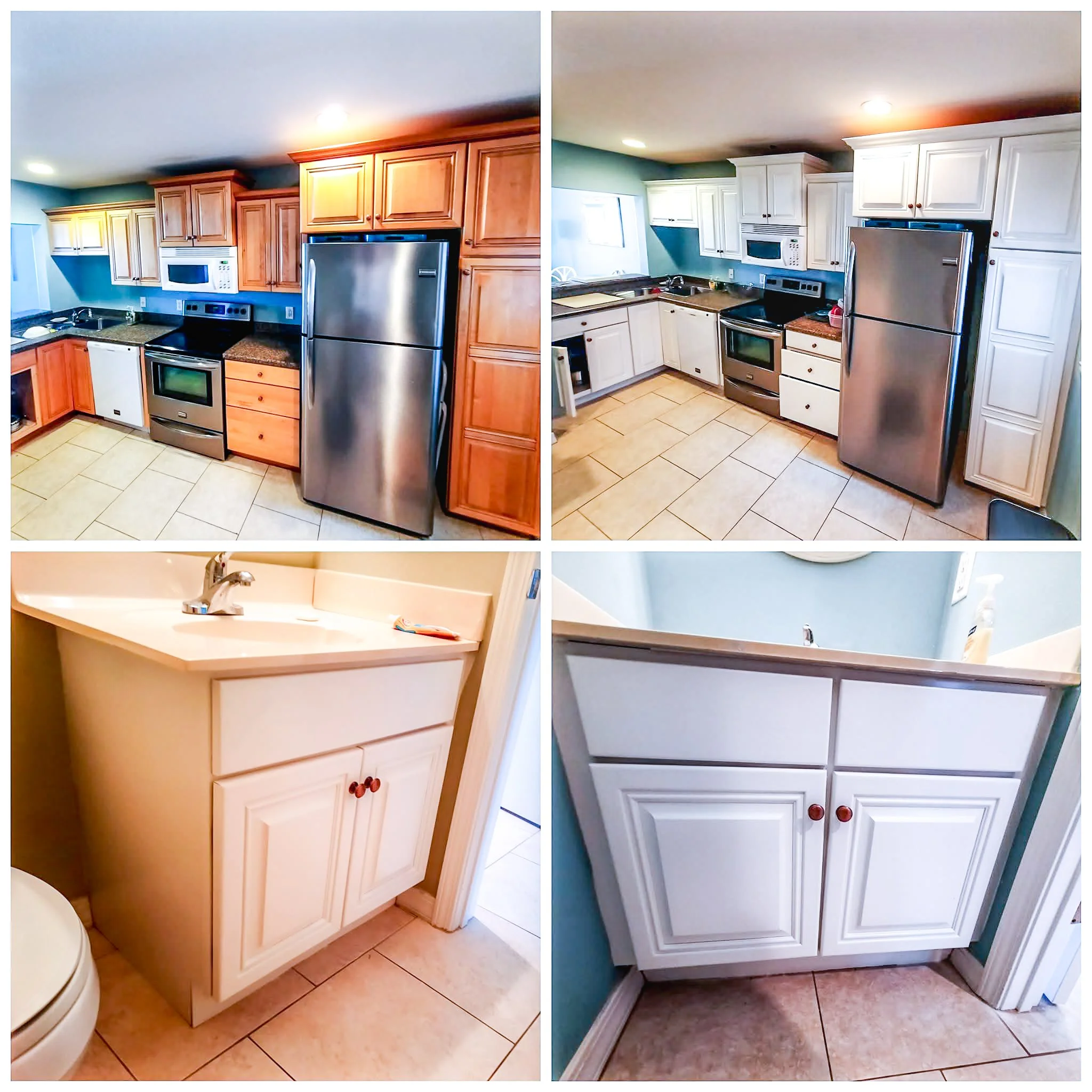 Comparison of kitchen cabinets, showing a transition from wood to white cabinetry.