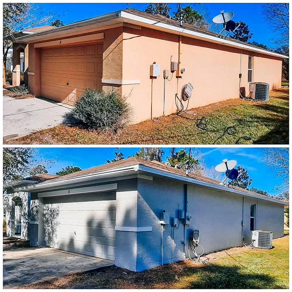 Comparison of a house exterior before and after painting. The top image shows a peach-colored house, and the bottom image shows the house painted white.