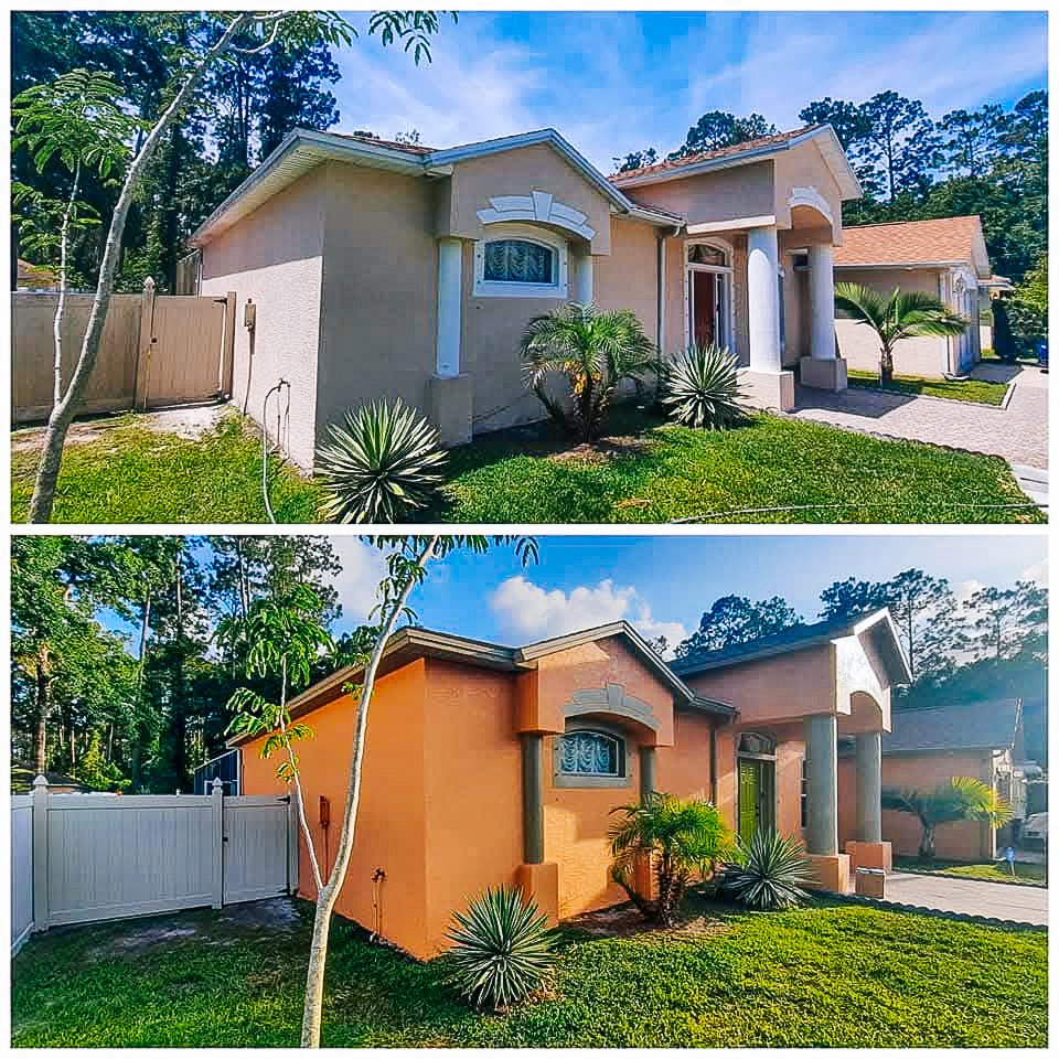 Comparison of a house before and after exterior paint color change, top is light beige, bottom is coral orange.