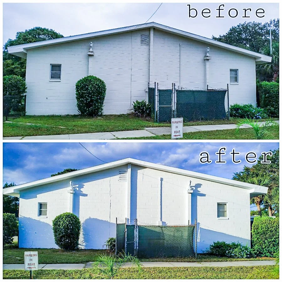 Side-by-side comparison of a house before and after being painted white, with the 'before' showing an unpainted exterior and the 'after' showing a freshly painted exterior.