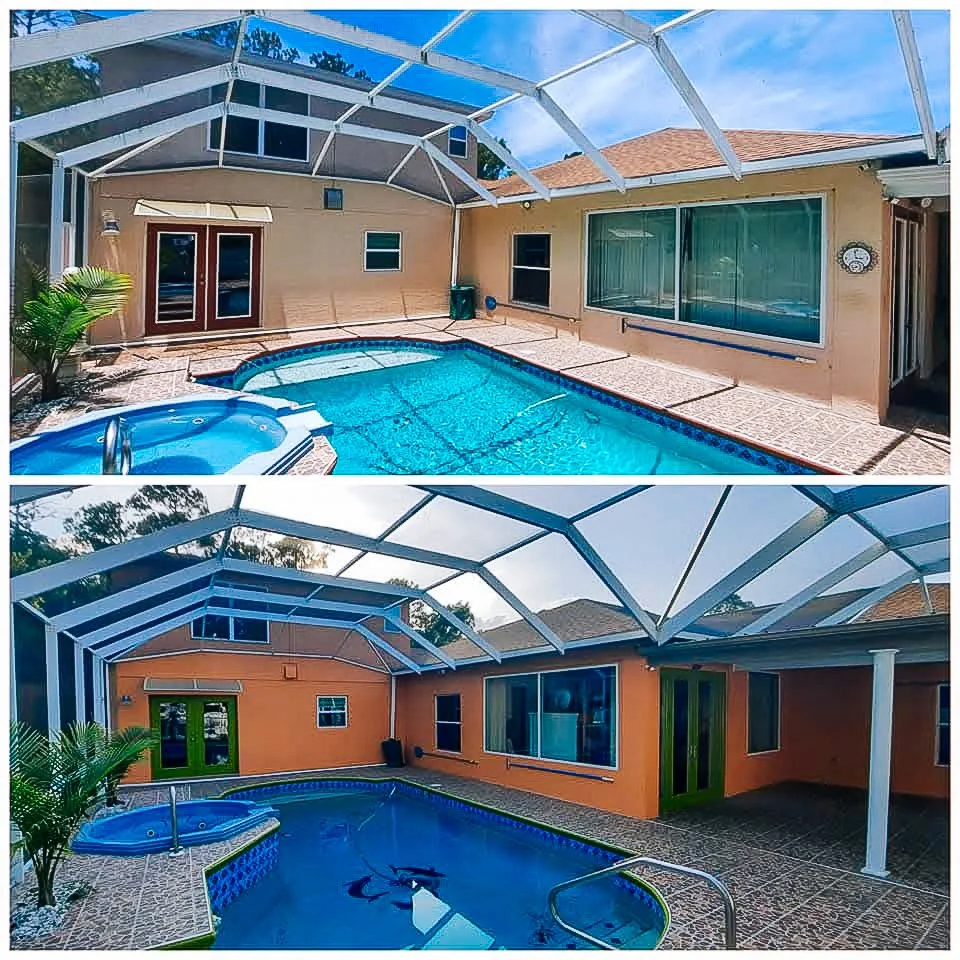 The images show a backyard with a screened-in pool area, featuring two different pool setups. The first image has a small pool and hot tub inside a beige-colored house with large windows and sliding glass doors. The second image displays a larger, da