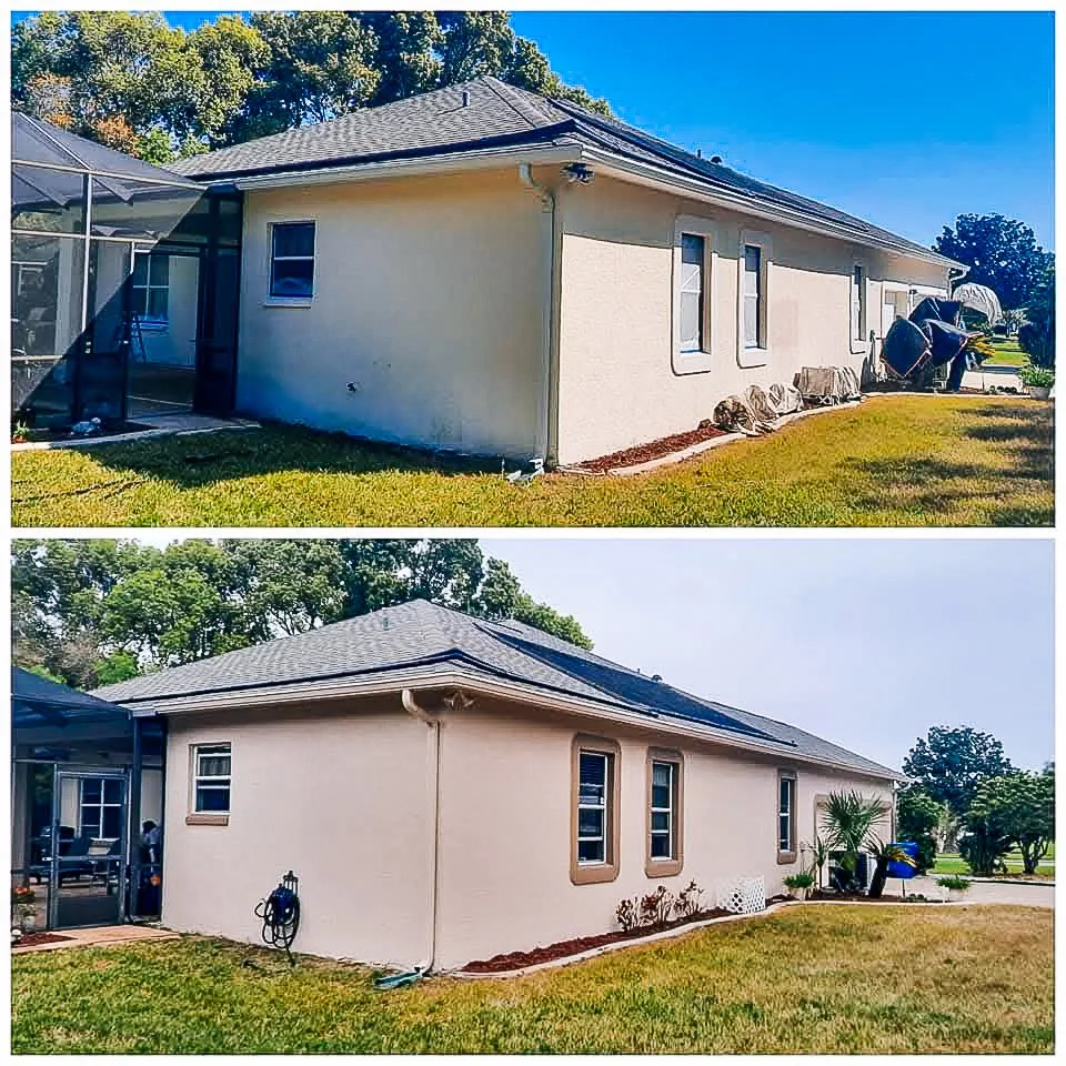 Side-by-side comparison of the same house before and after exterior renovation. The top image shows the house with a light-colored exterior and detached screened porch, while the bottom image displays the house after repainting with a darker trim and