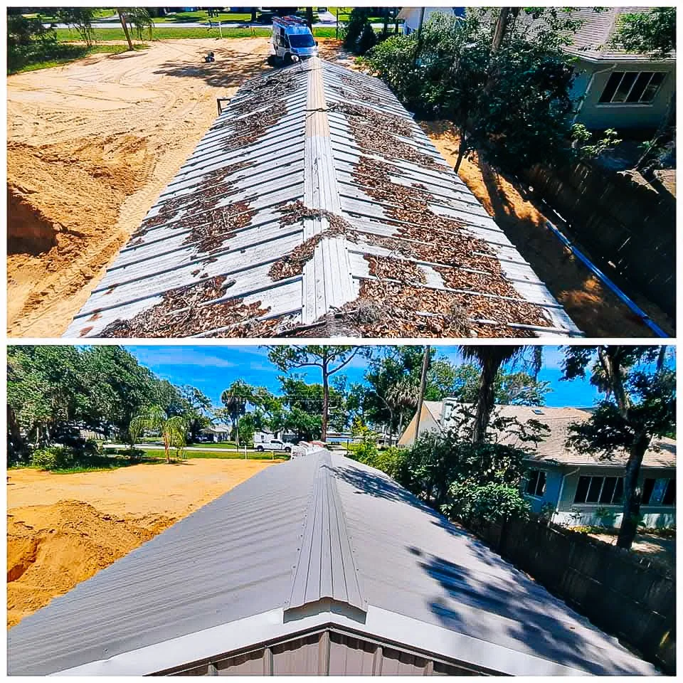 Comparison of a roof before and after cleaning, with the before image showing a dirty, leaf-covered roof and the after image showing a clean, shiny roof.