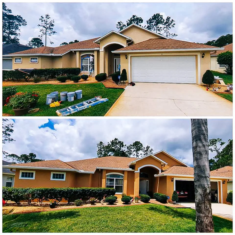 Side-by-side images of a house. The top image shows the house during renovation with tools and supplies outside, while the bottom image shows the house fully painted and landscaped.