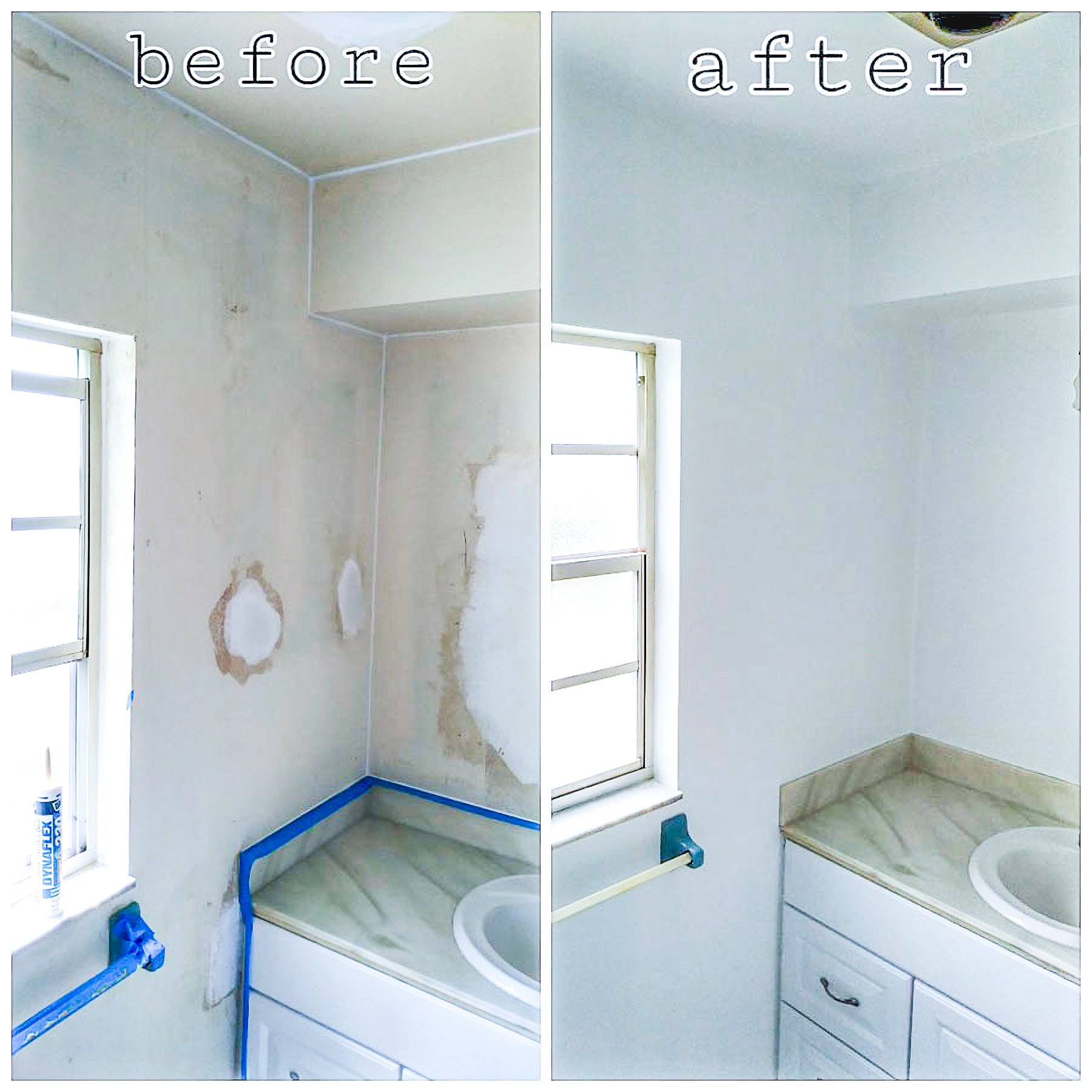 Comparison of a bathroom wall before and after renovation; the left side shows a wall with peeling paint and stains, while the right side shows a freshly painted, clean wall with a new coat of paint.