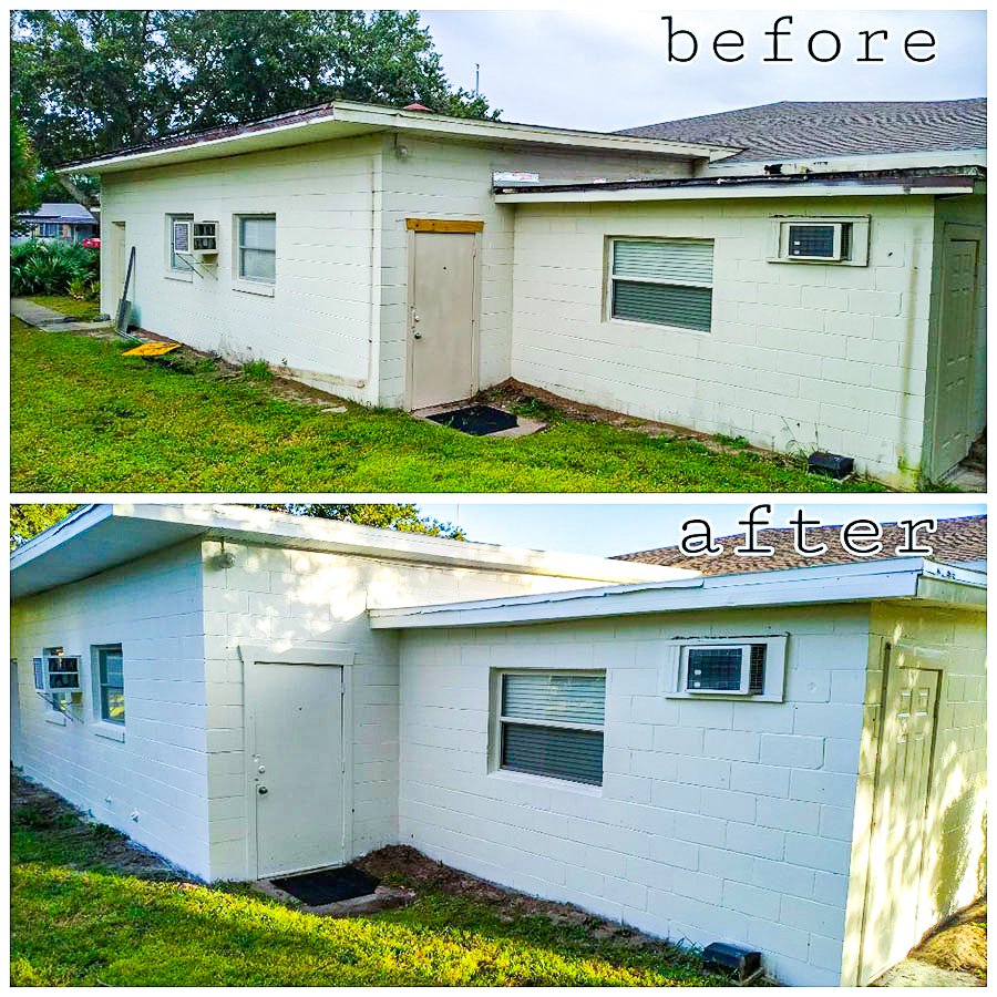 Comparison of a house exterior before and after renovation, showing improvements in paint, siding, and overall appearance.