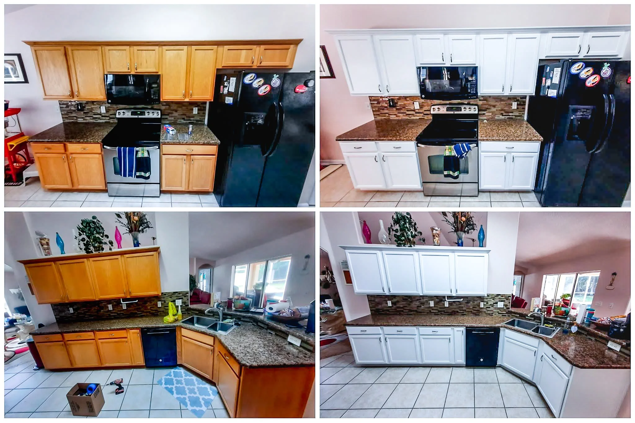 Comparison of kitchen cabinets and appliances before and after repainting, showing changes from natural wood and black to white cabinets and a consistent backsplash.
