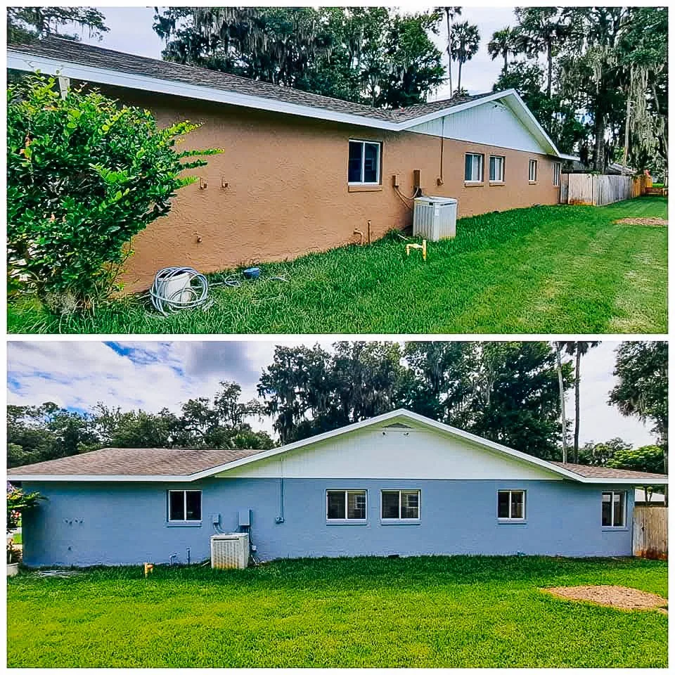 Before-and-after photos of house exterior: top shows house with beige walls, bottom shows same house painted blue.
