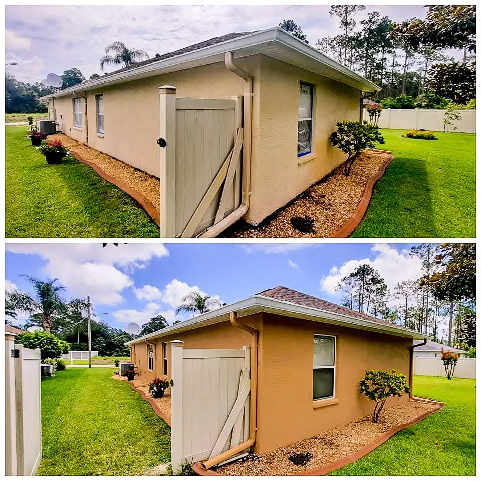 Comparison of the same house before and after being painted a different color from beige to light brown. The yard has green grass, bushes, and a white fence.