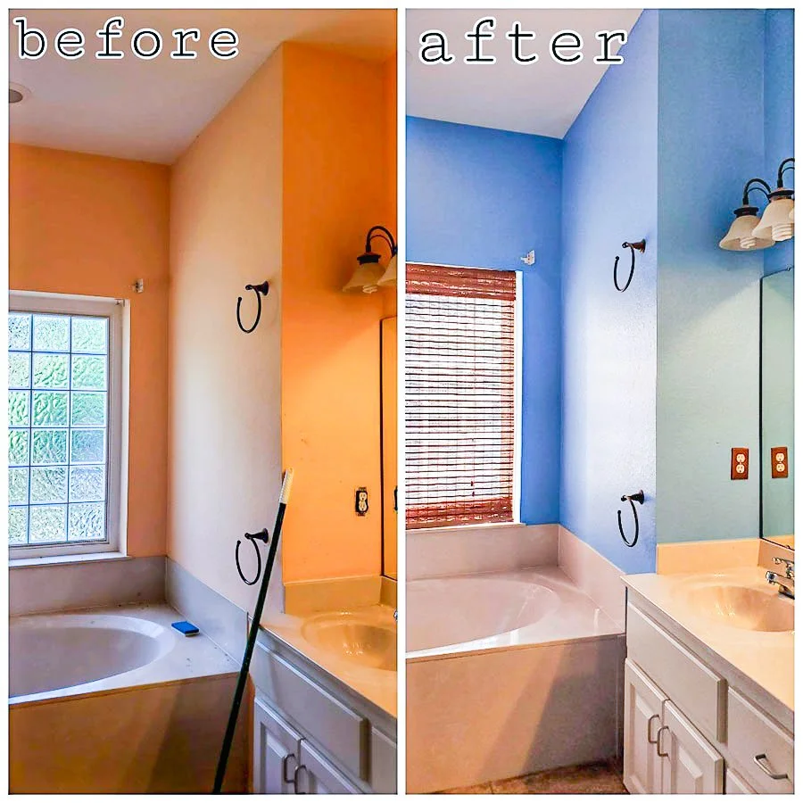Side-by-side comparison of a bathroom before and after renovation. The 'before' side shows peach-colored walls, a window with glass blocks, and cleaning tools, while the 'after' side features blue walls, a new window with blinds, and updated fixtures