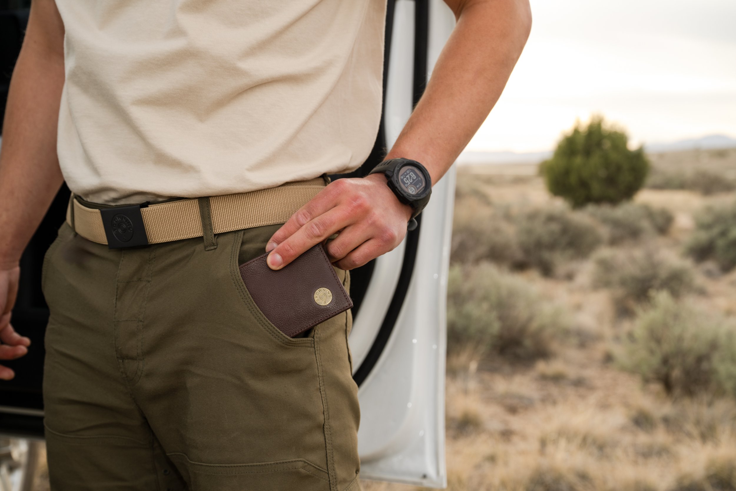 Close up image of a Browning brand leather wallet