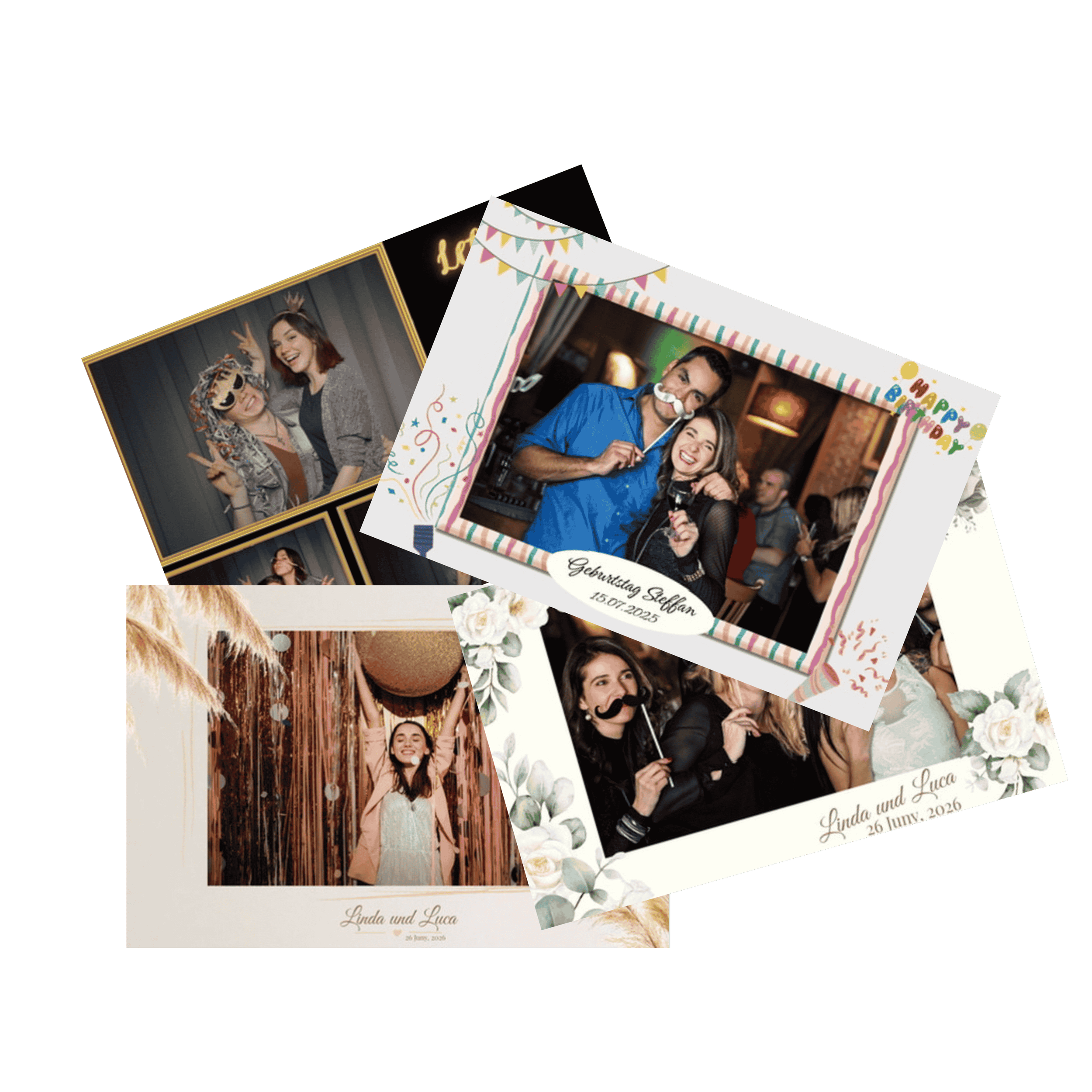 Ein Stapel Bilder mit Ausdrucken von Partys