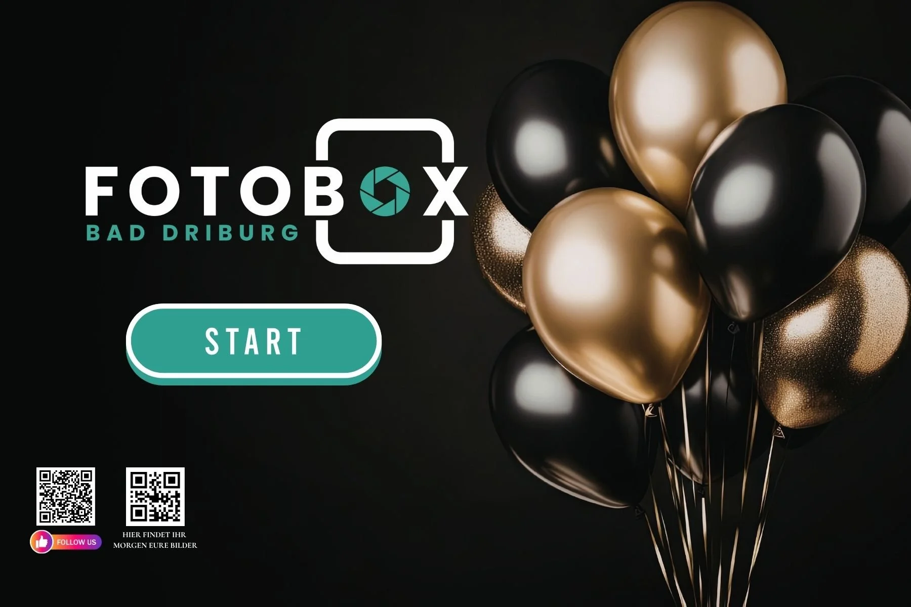 Willkommensbildschirm für eine Fotobox in Bad Driburg mit schwarzen und goldenen Ballons im Hintergrund, einem großen Start-Button in der Mitte und QR-Codes im unteren linken Bereich.
