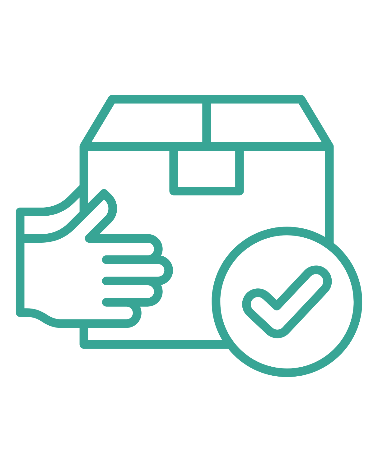 Symbolbild für sichere Lieferung der Fotobox  mit einer Hand, die eine Paketbox hält, und einem Häkchen, das auf die Versorgungssicherheit hinweist.