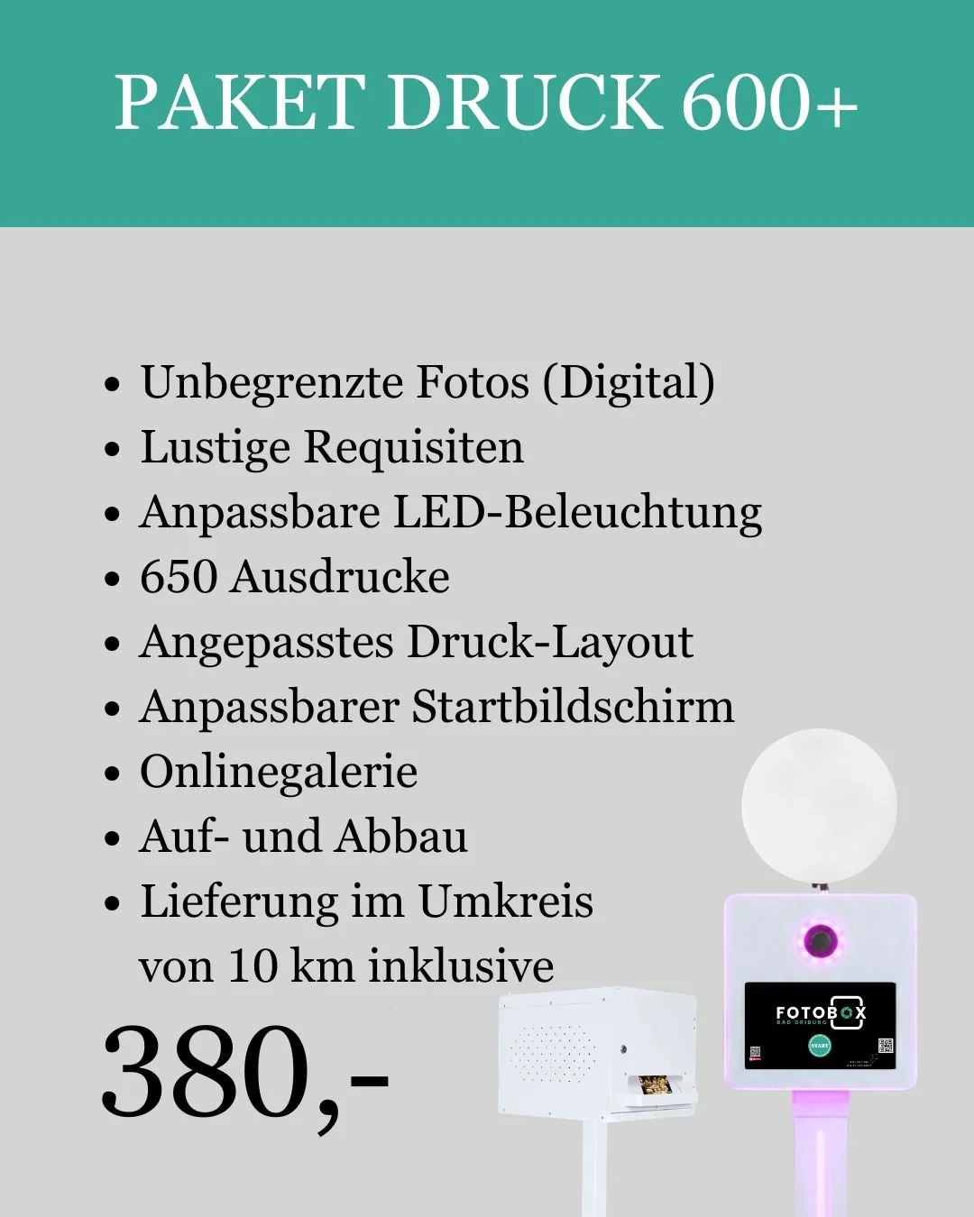 Werbeanzeige für einen Fotodruckservice mit Preisangabe von 380 Euro, enthält eine Liste der Leistungen und ein Bild eines Fotodruckers mit LED-Beleuchtung.