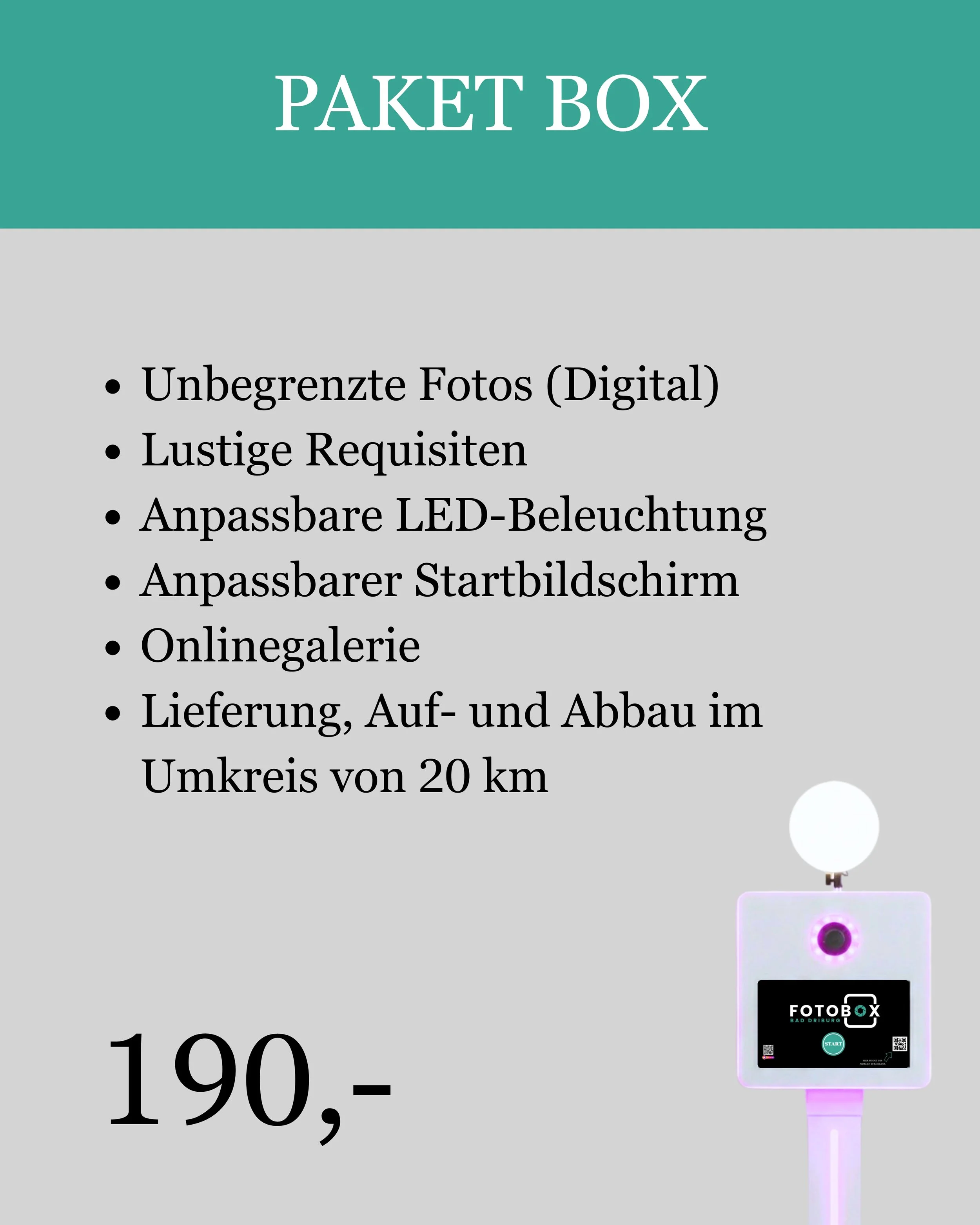 Fotoboxplakat mit Funktionen wie unbegrenzte Fotos, lustige Requisiten, anpassbare LED-Beleuchtung, anpassbarer Startbildschirm, Online-Galerie und Lieferung im Umkreis von 20 km.