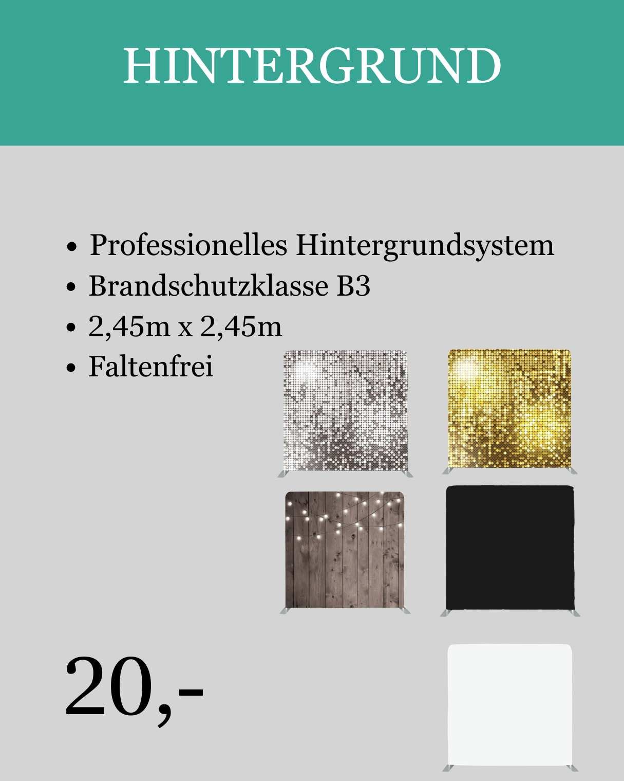 Werbetafel für einen Fotoboxverleih mit einer Kamera und Druckstation, Preise und Leistungen in Deutsch aufgelistet.