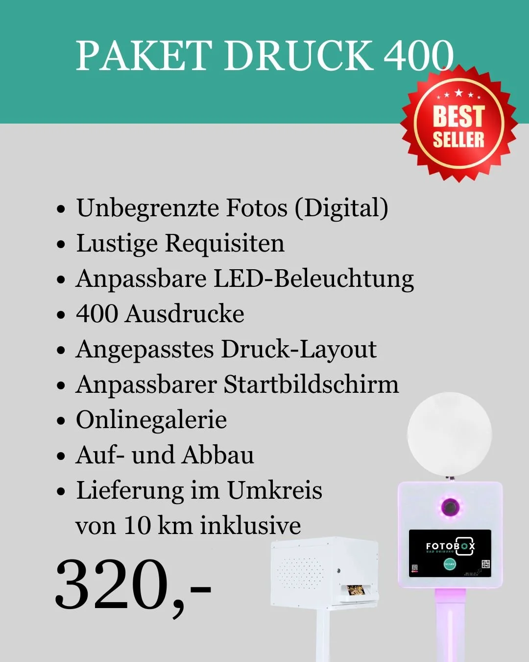 Werbefläche für einen Fotodruck-Service mit Details zu Angebot und Preis, inklusive Druckdienstleistungen, LED-Beleuchtung und Online-Galerie.