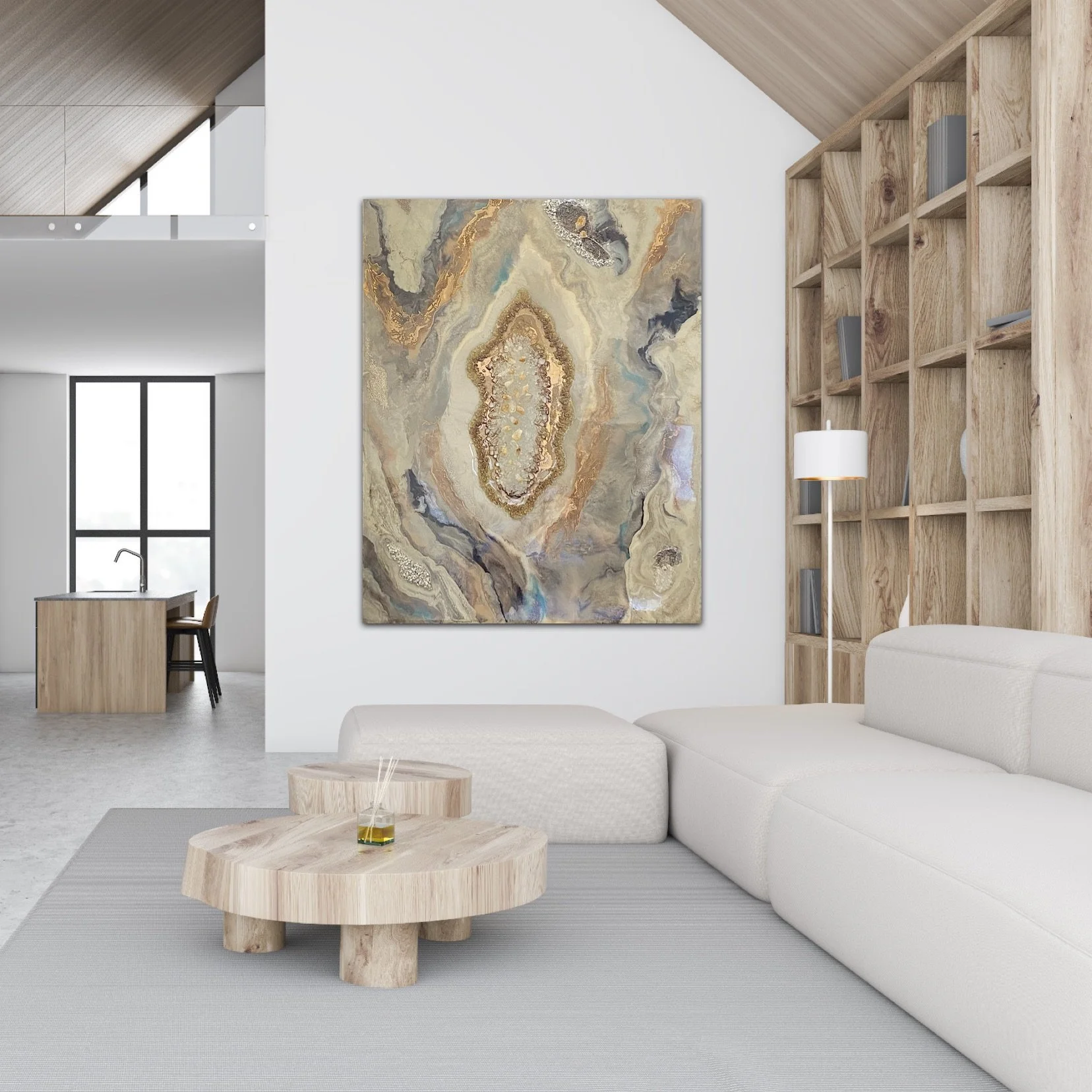 Modern living room with white sofa, wooden side table, abstract Tatyana Y. Kravchenko's wall art, and shelves with books and decor in a bright, open space.