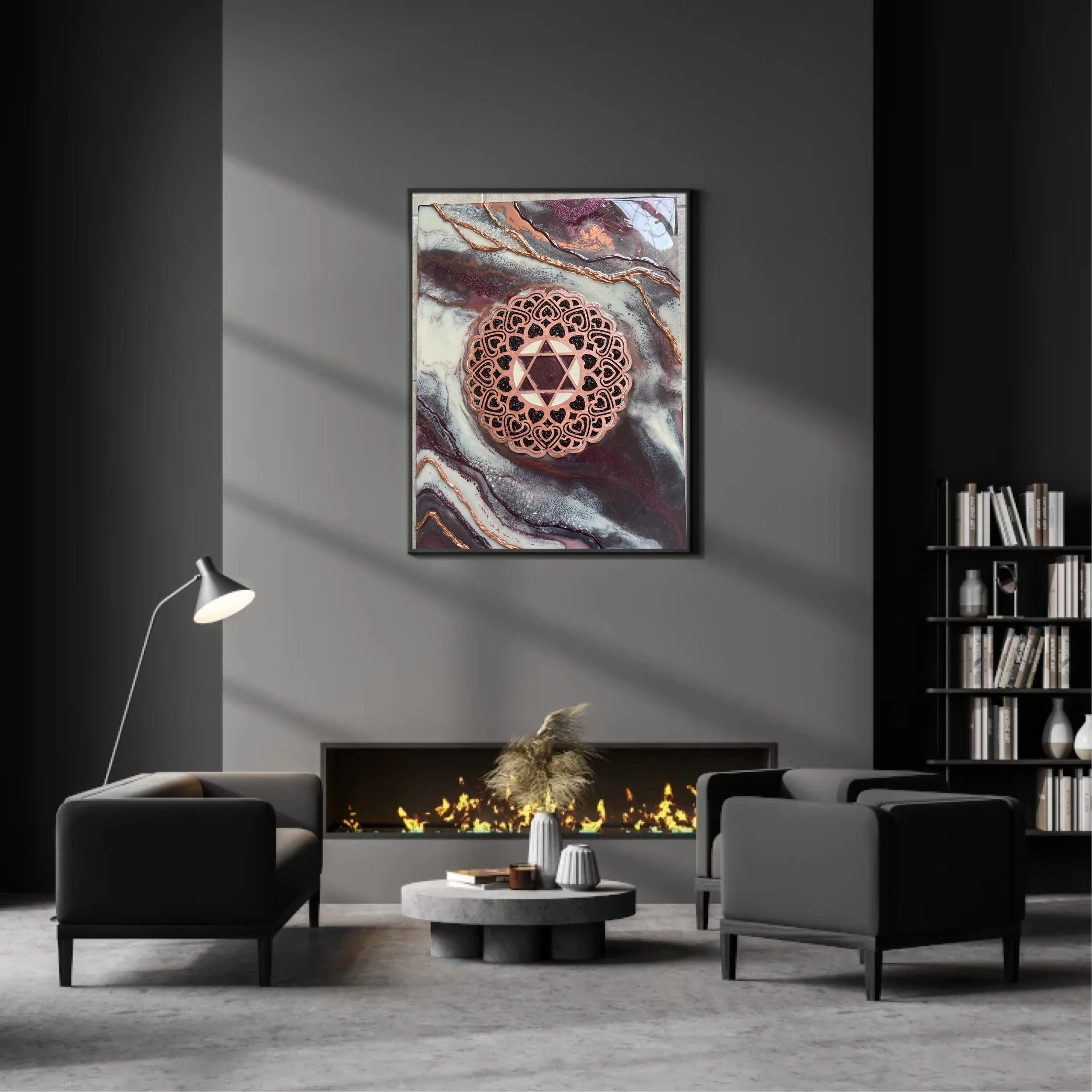 Modern living room with black couches, a round coffee table with vases, Tatyana Y. Kravchenko's abstract wall art, and a fireplace with decorative fire.