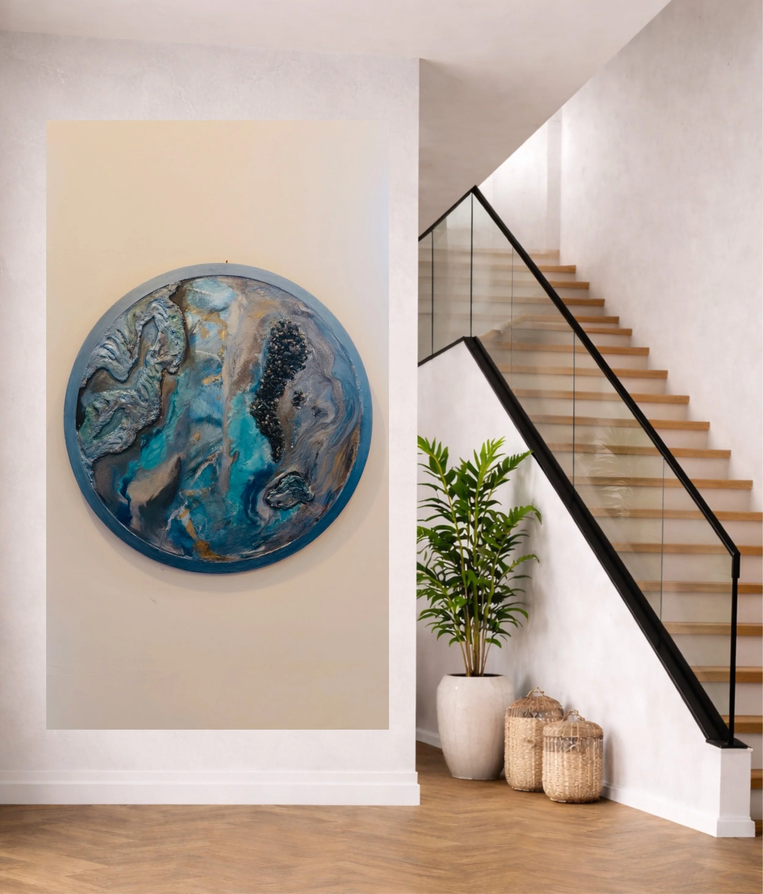 Tatyana Y. Kravchenko's "The View from Above" is a meditative, abstract reflection on perspective, transformation, and quiet renewal. Layers of blue, turquoise, grey, and luminous gold with the Labradorite.