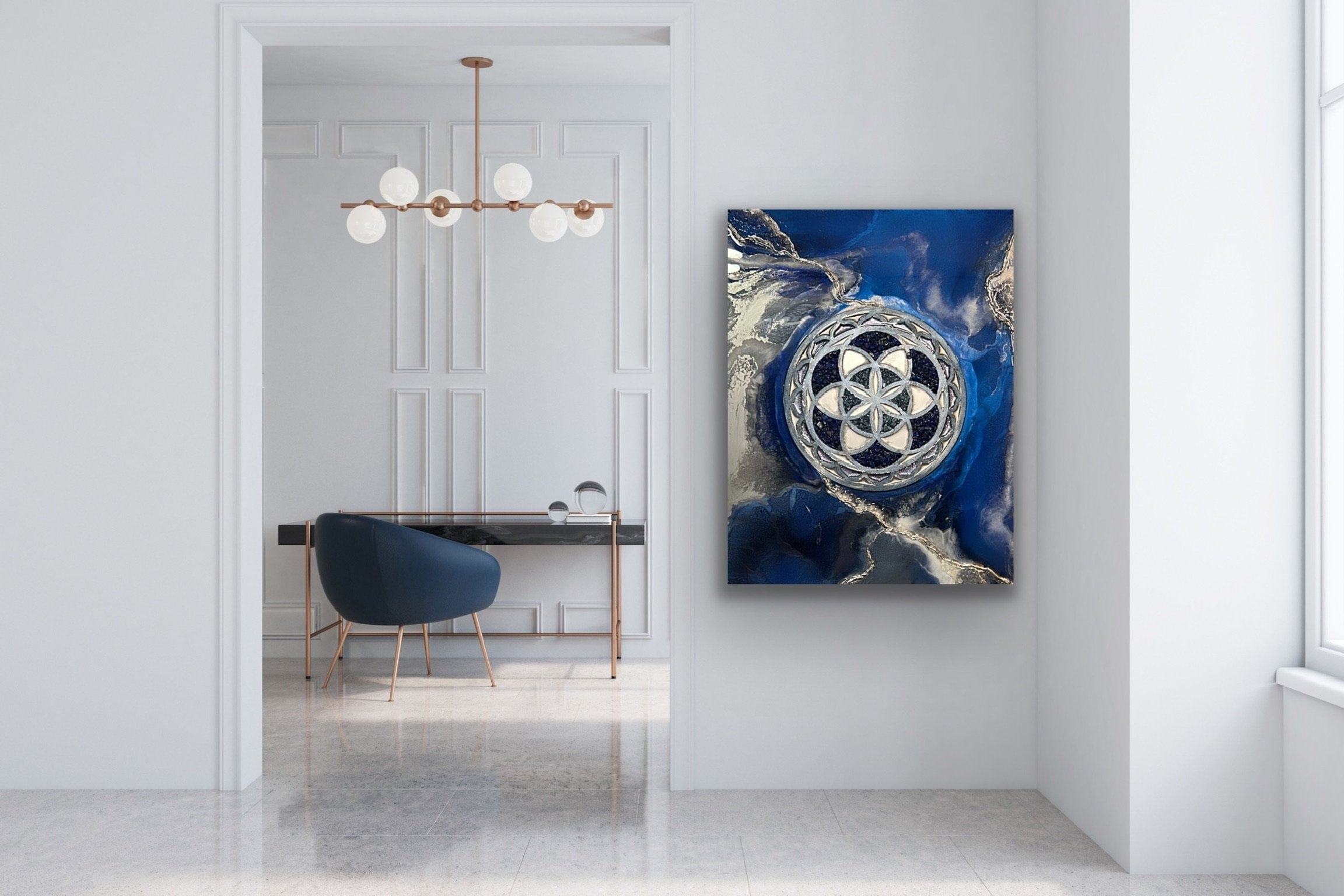 Tatyana Y. Kravchenko's art: Sacred Geometry in a modern indigo and white palette. A signature piece that harmonizes form and color to create a grounded, reflective atmosphere in any contemporary interior.