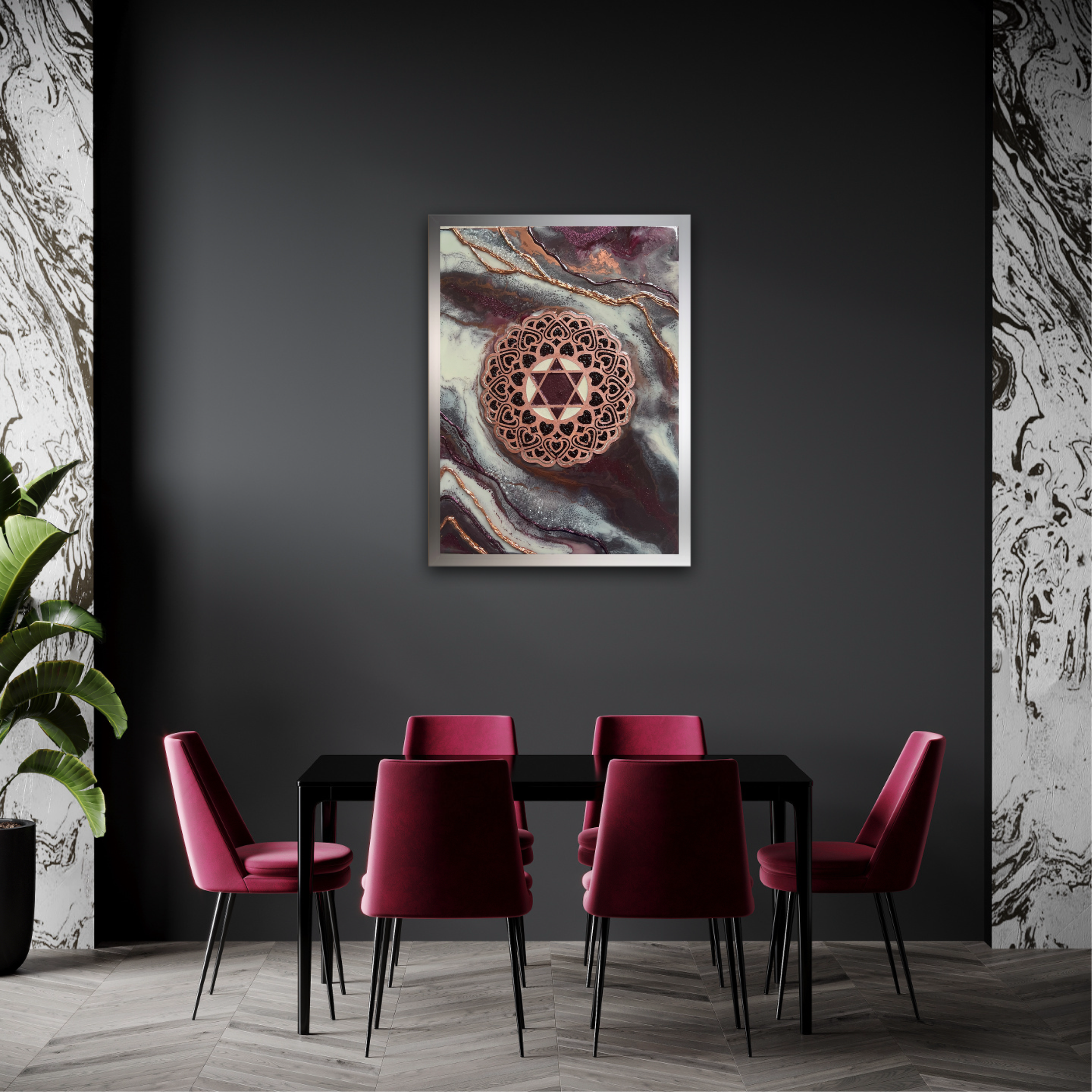 A modern dining room with a dark gray wall with a framed abstract Tatyana Y. Kravchenko's artwork