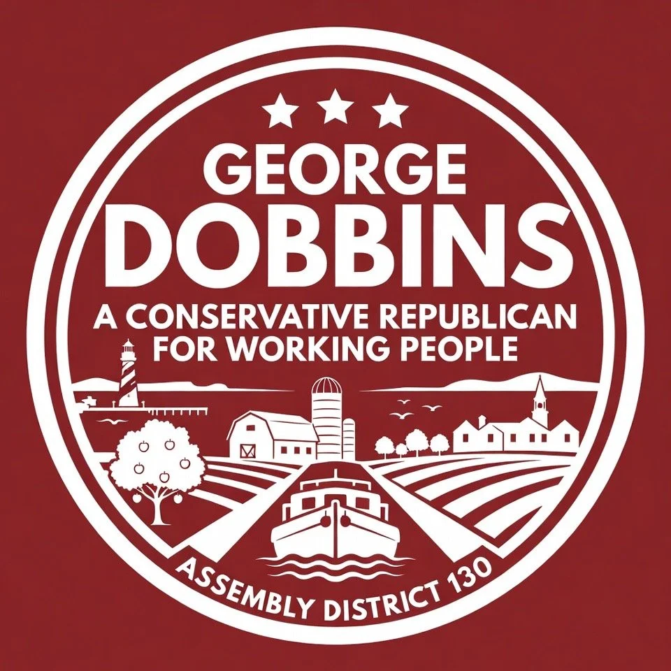 A political campaign sign for George Dobbins, a conservative Republican for working people, featuring a farm, lighthouse, boat, and town scene.