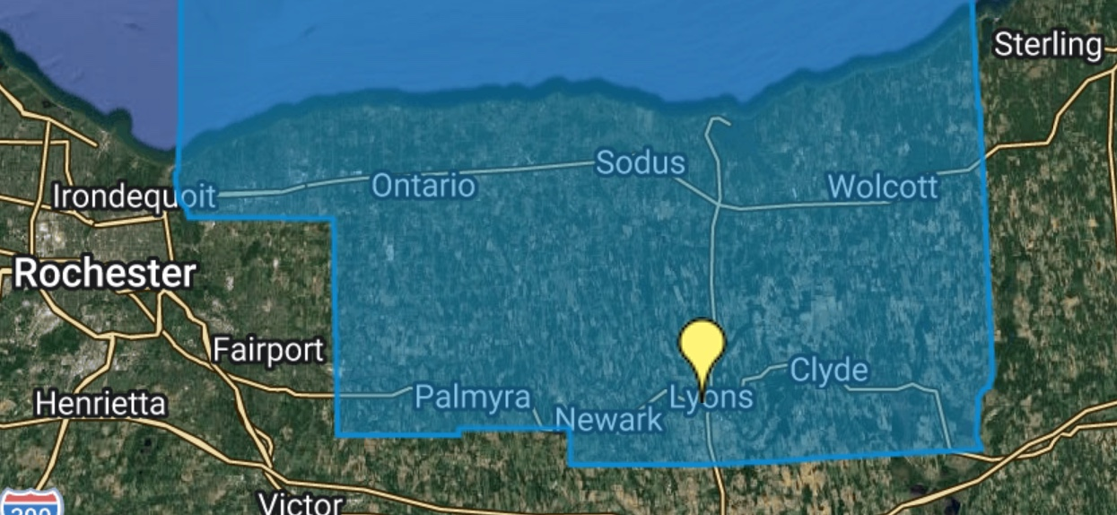 Map showing a region in New York including cities such as Rochester, Irondequoit, Henrietta, Fairport, Palmyra, Newark, Lyons, Clyde, Sodus, and Sterling, with a blue overlay covering part of the area.