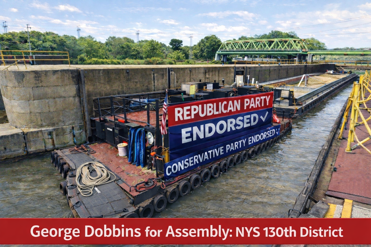 Floating platform with a banner supporting the Republican Party endorsed by the Conservative Party, on a canal with a lock or waterway infrastructure, surrounded by greenery and a metal bridge in the background.