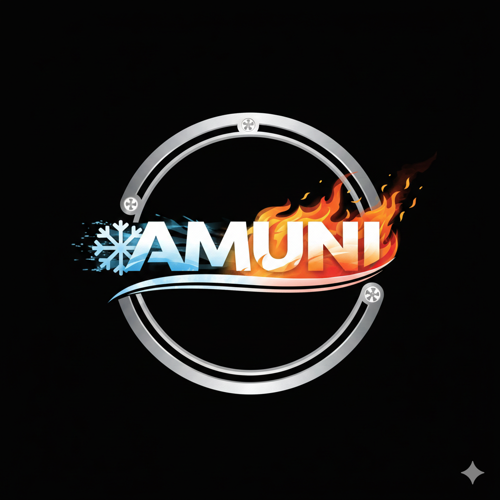 Logo with the word 'AMUNI' featuring a snowflake on the left and flames on the right, encased in a circular metallic frame.