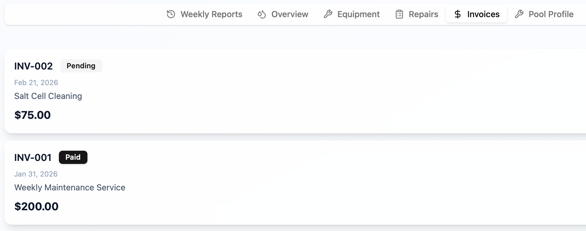 Screenshot of a web dashboard showing invoices for pool maintenance services, including salt cell cleaning for $75 and weekly maintenance for $200.