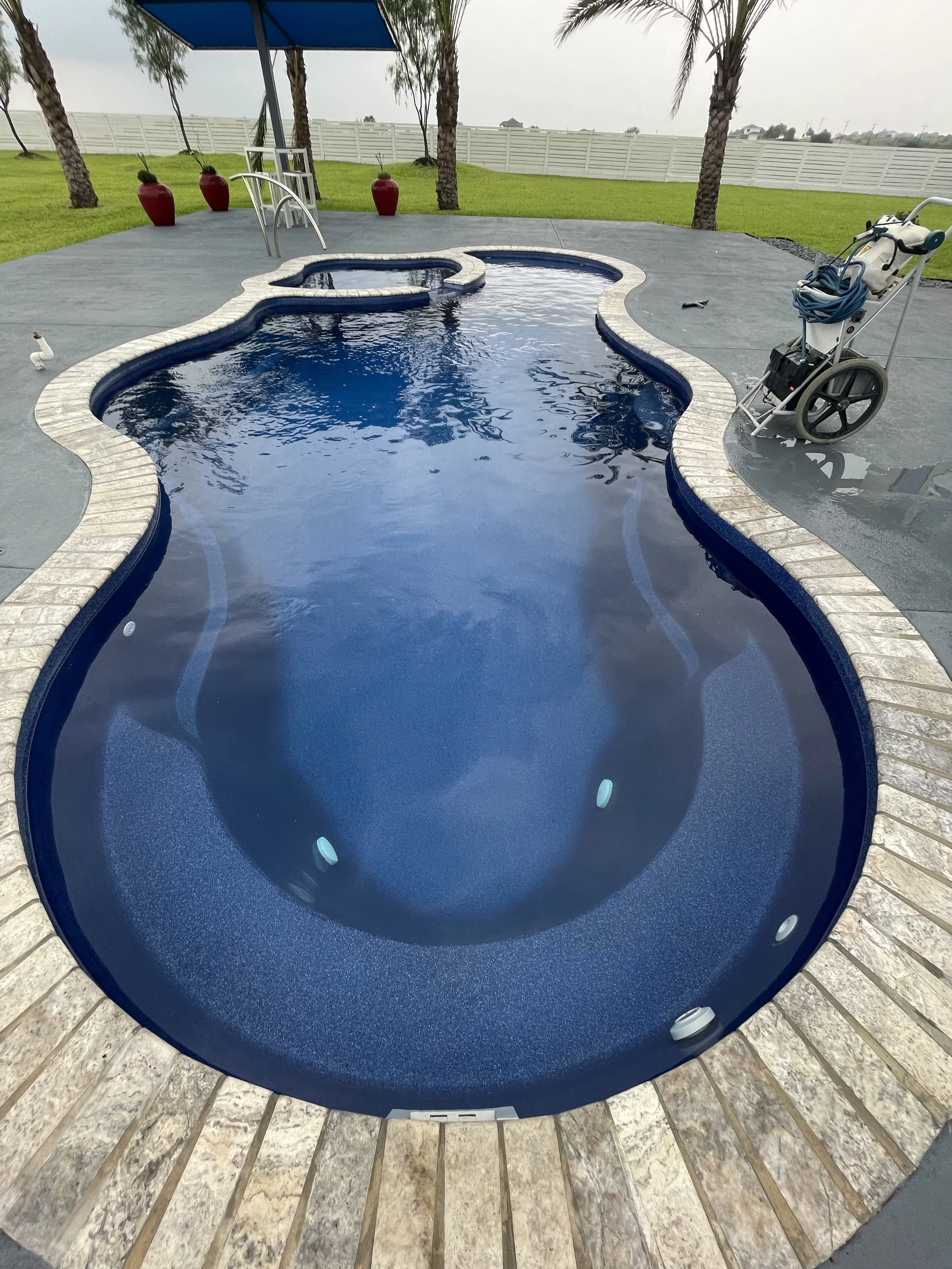 Empty kidney-shaped swimming pool with blue interior, surrounded by beige stone tiles, in a backyard with grass, palm trees, white fence, and pool equipment on a cart.
