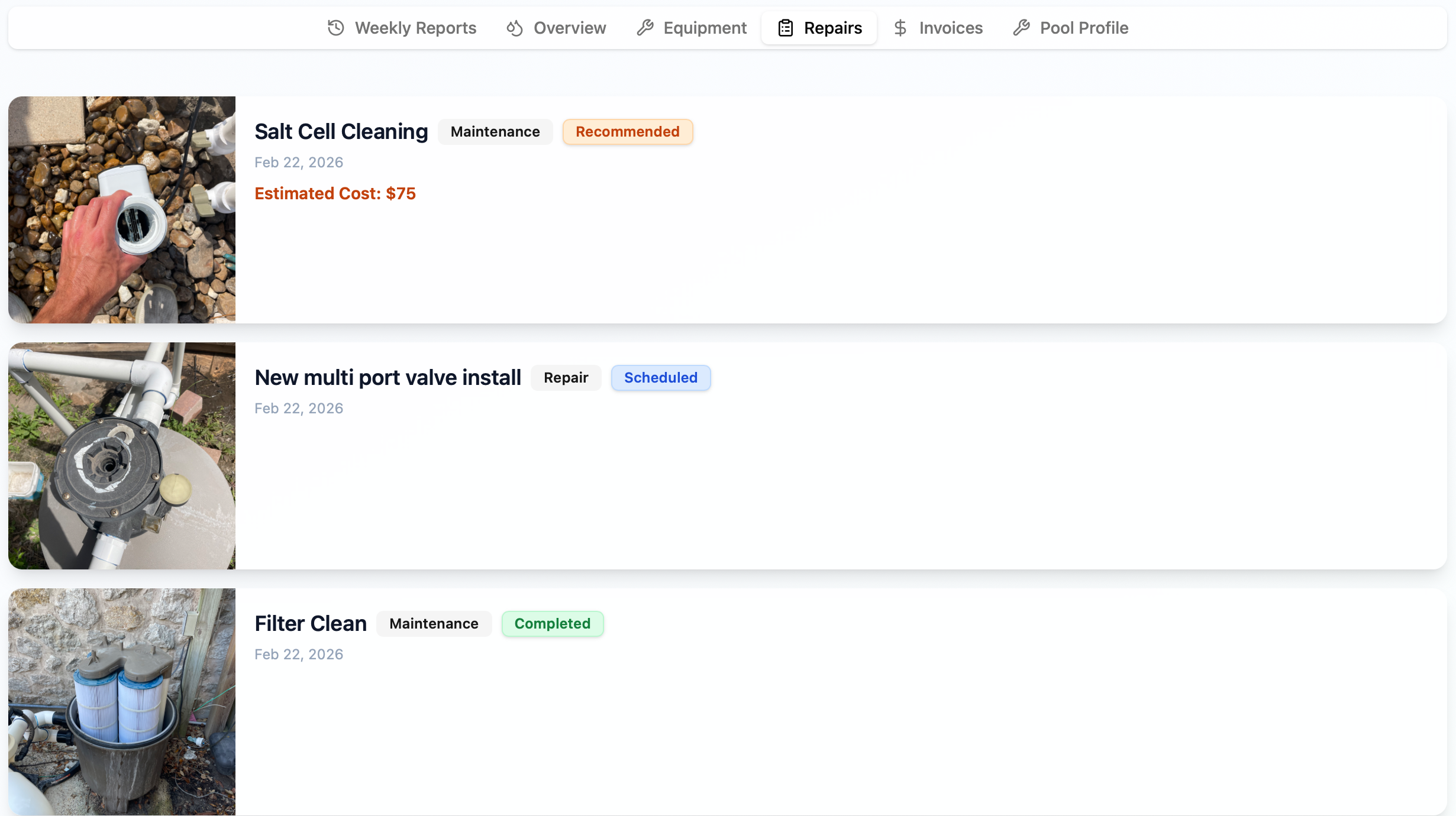 Screenshots of a pool maintenance software dashboard showing three tasks: Salt Cell Cleaning with a photo of a hand holding a salt cell, New multi port valve install with a photo of a disassembled valve connecting pipes, and Filter Clean with a photo of a filtration system with two blue filters.