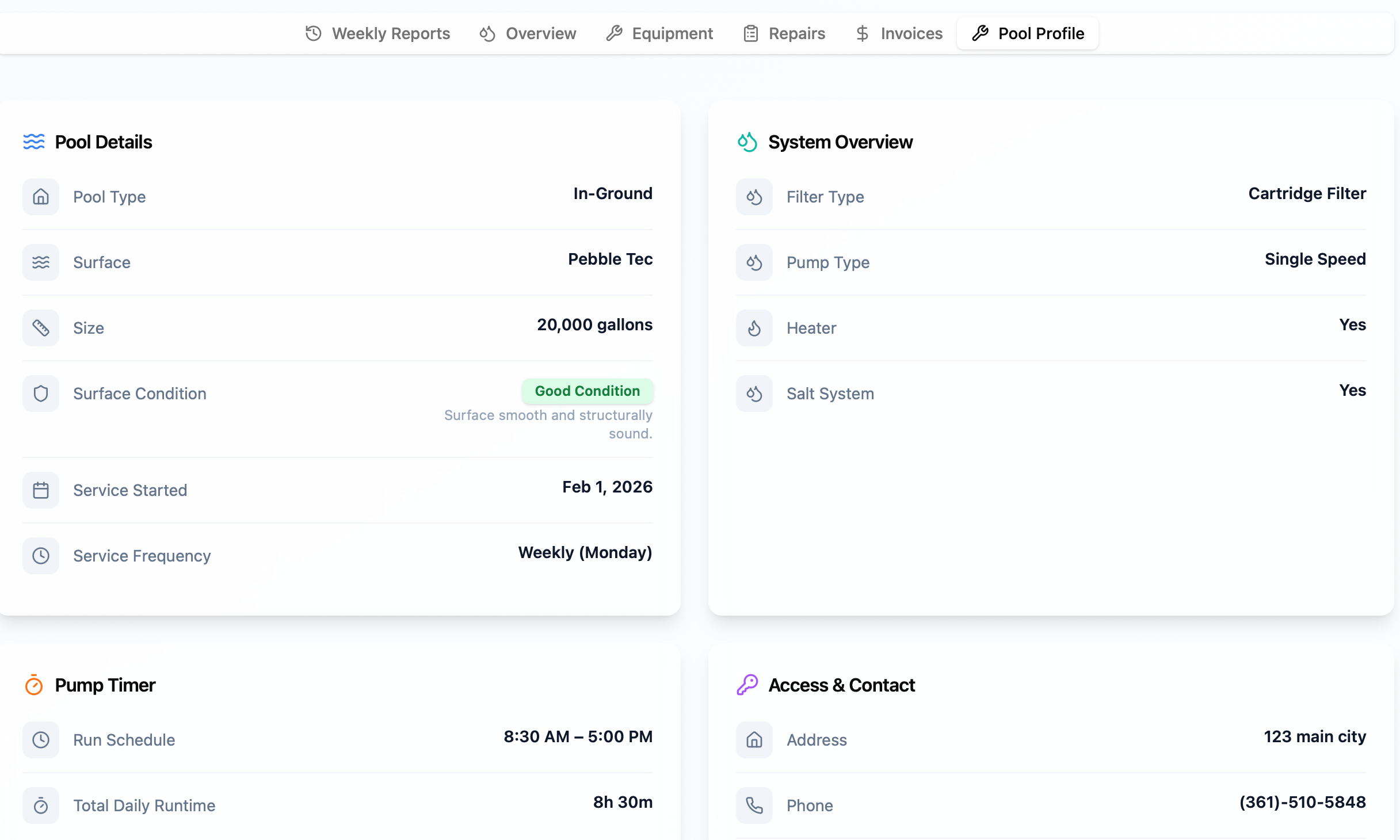 Screenshot of an online pool management dashboard displaying pool details, system overview, pump timer, and access contact information.
