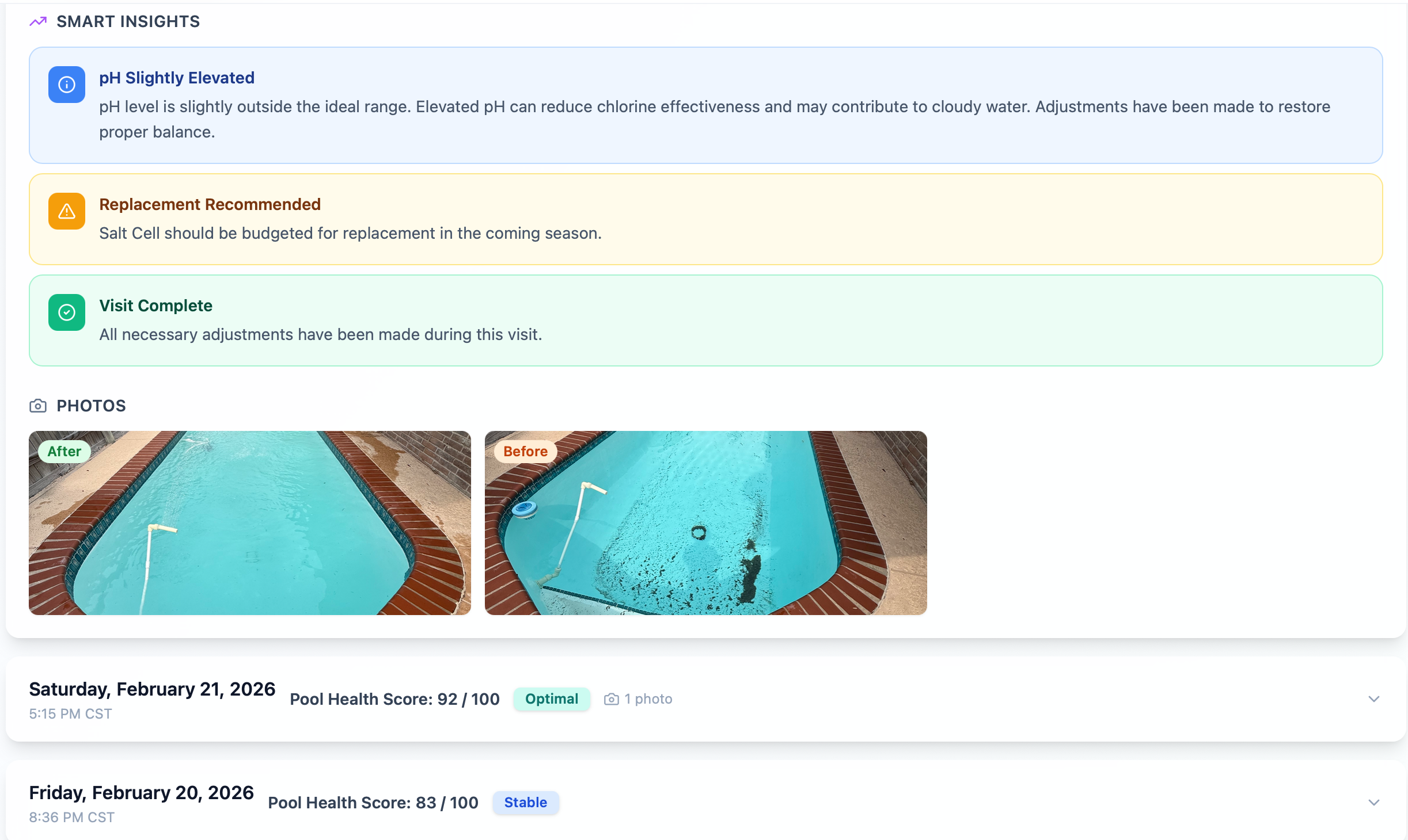 Side-by-side comparison of a swimming pool before and after cleaning. The before image shows the pool with algae and dirt on the bottom. The after image shows the pool with clean, clear water.