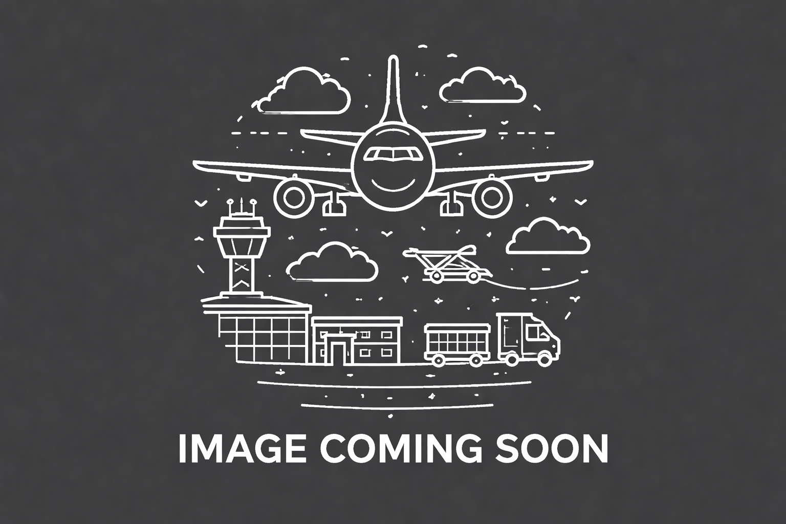 White line drawing of an airplane, airport control tower, truck, and vehicles, with clouds and birds, on a dark background, with 'Image Coming Soon' written below.
