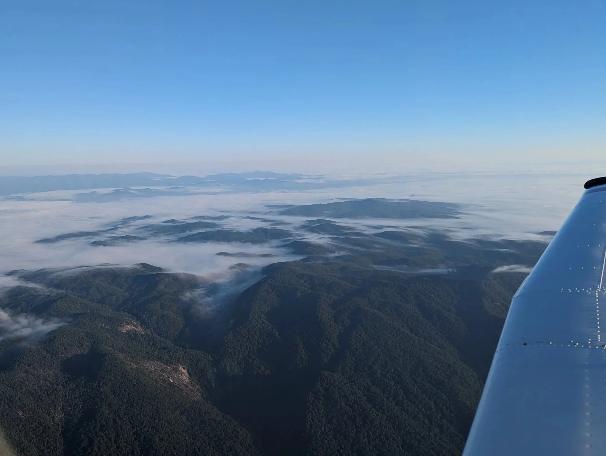Aerial view of mountain ranges covered in dense green forest, with some peaks obscured by clouds, captured from an airplane window with part of the aircraft  wing visible on the right.